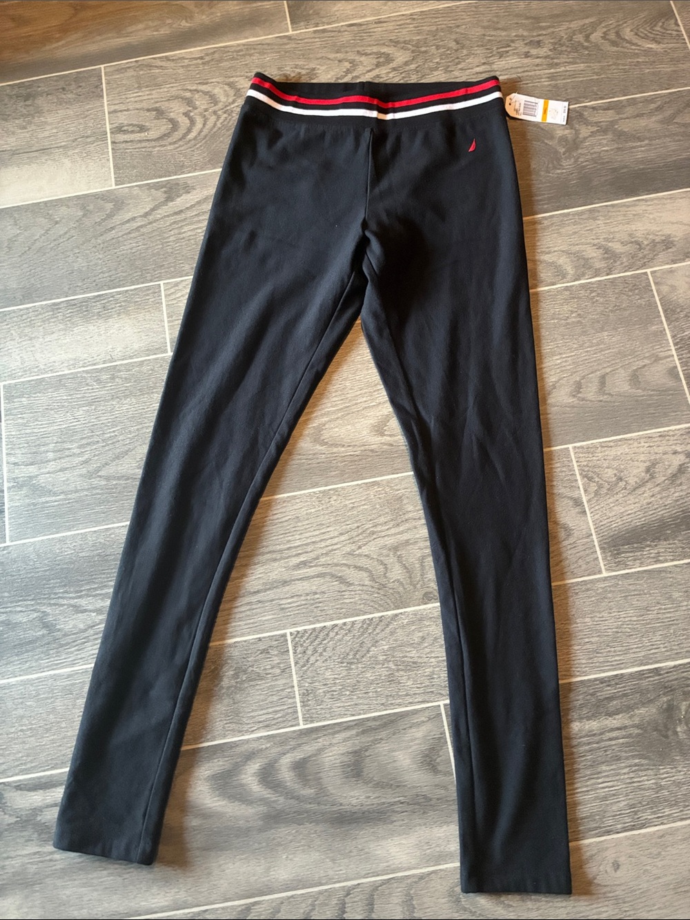 Nautica Black Leggings with Red and White Striped Waistband